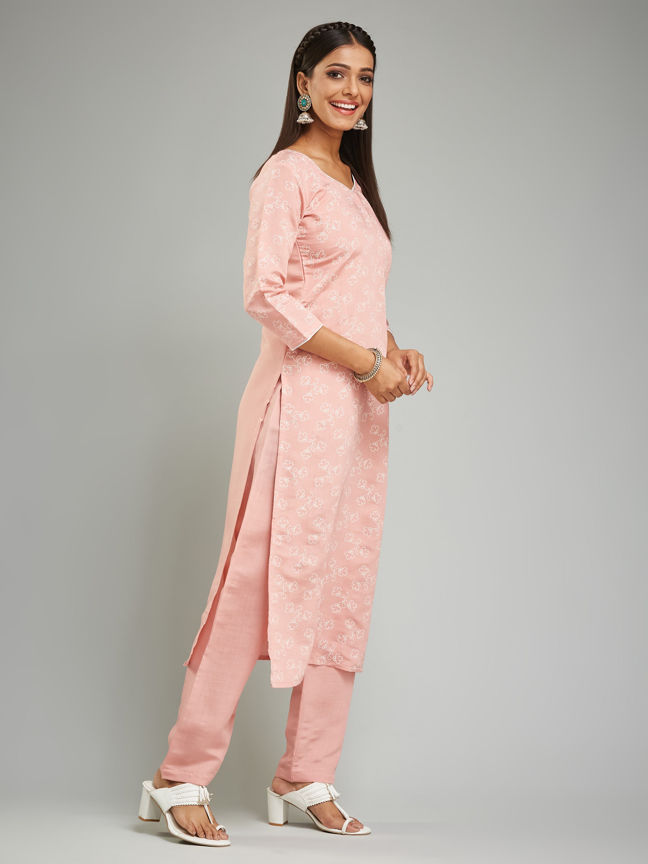 Fumka Women's Viscose Chanderi Kurta Pant Set with Luxe Prints and Contemporary Embellishments