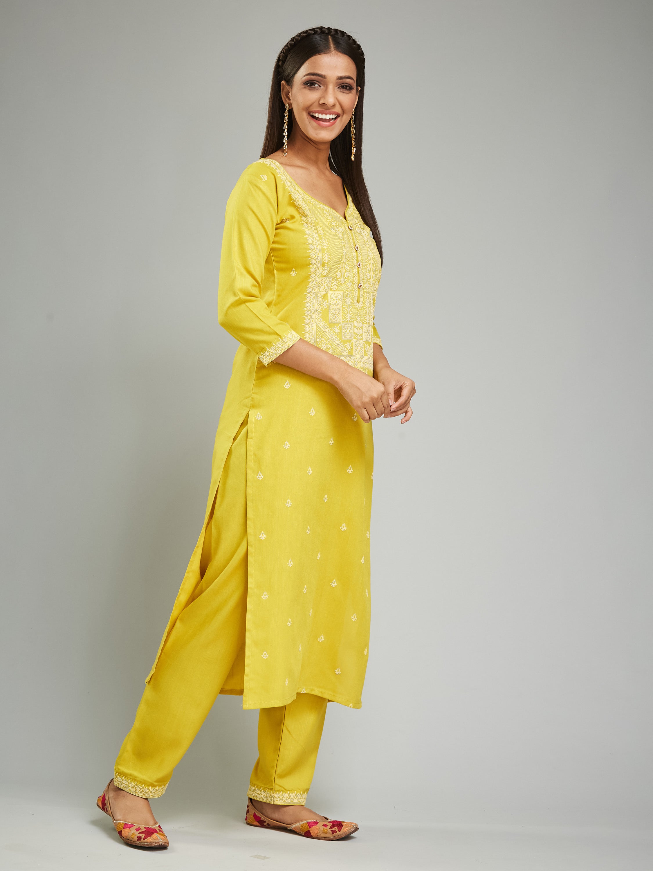 Fumka Women's Viscose Chanderi Kurta Pant Set with Luxe Prints and Contemporary Embellishments