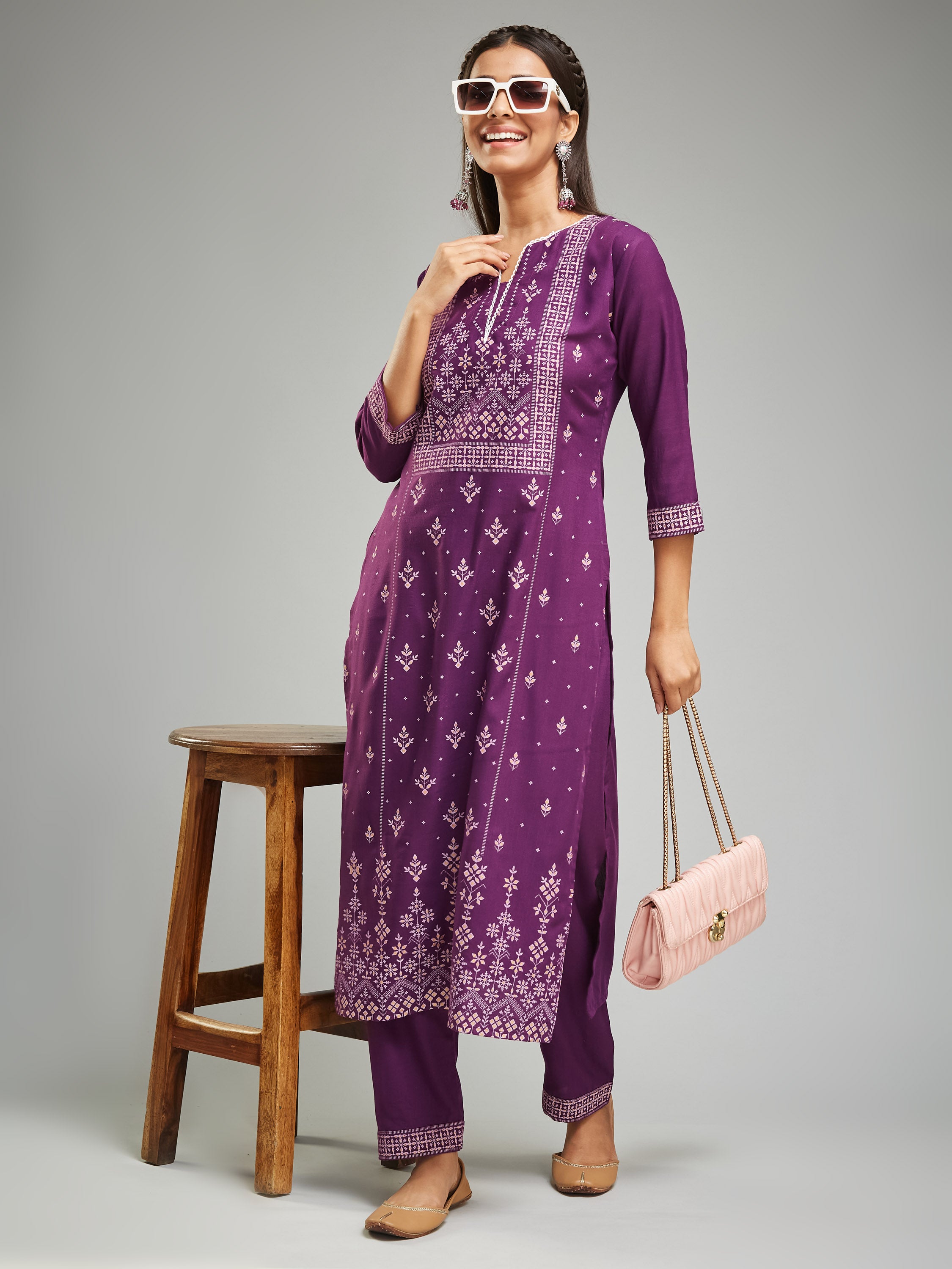 Fumka Women's Viscose Chanderi Kurta Pant Set with Luxe Prints and Contemporary Embellishments