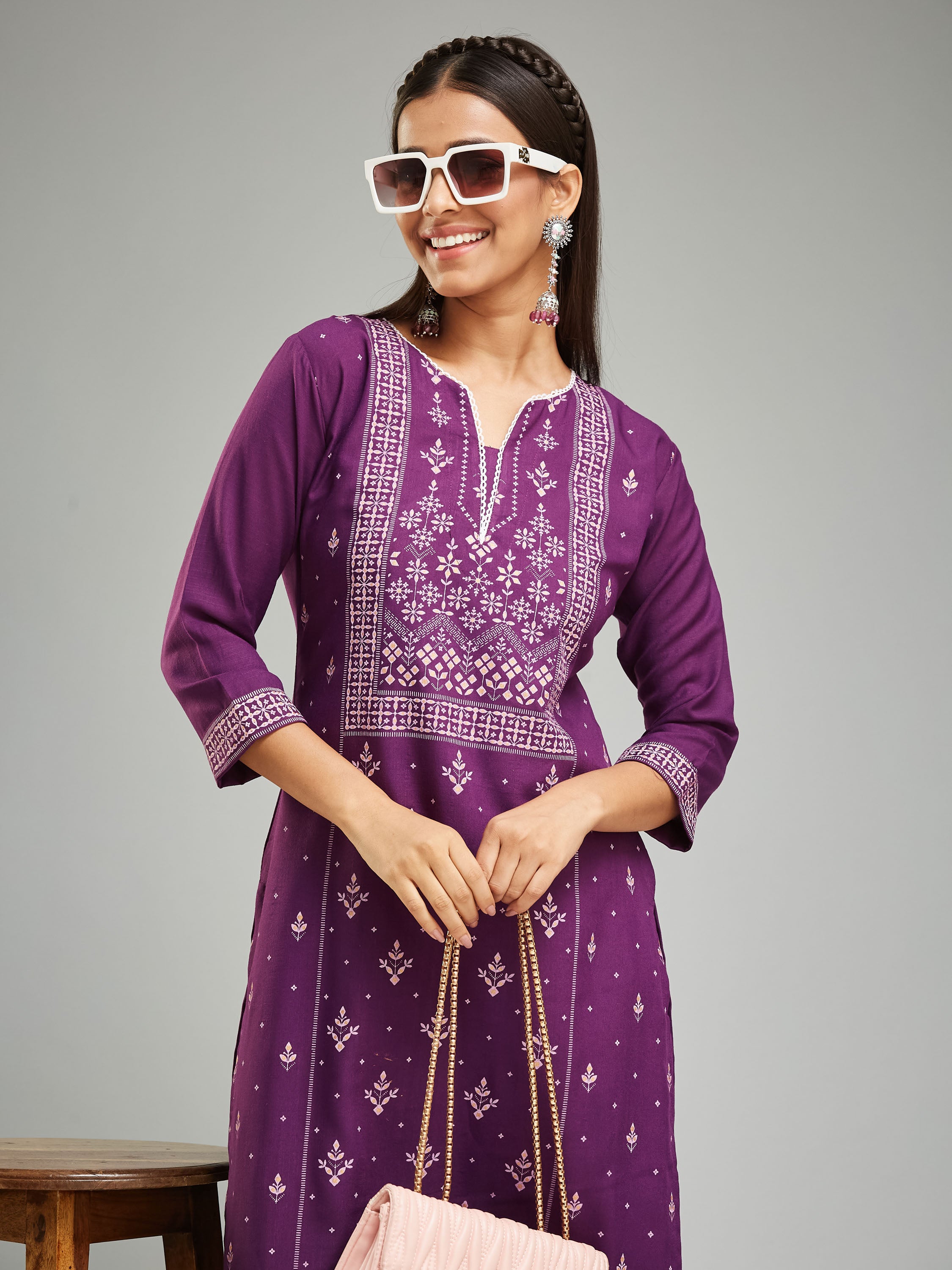 Fumka Women's Viscose Chanderi Kurta Pant Set with Luxe Prints and Contemporary Embellishments