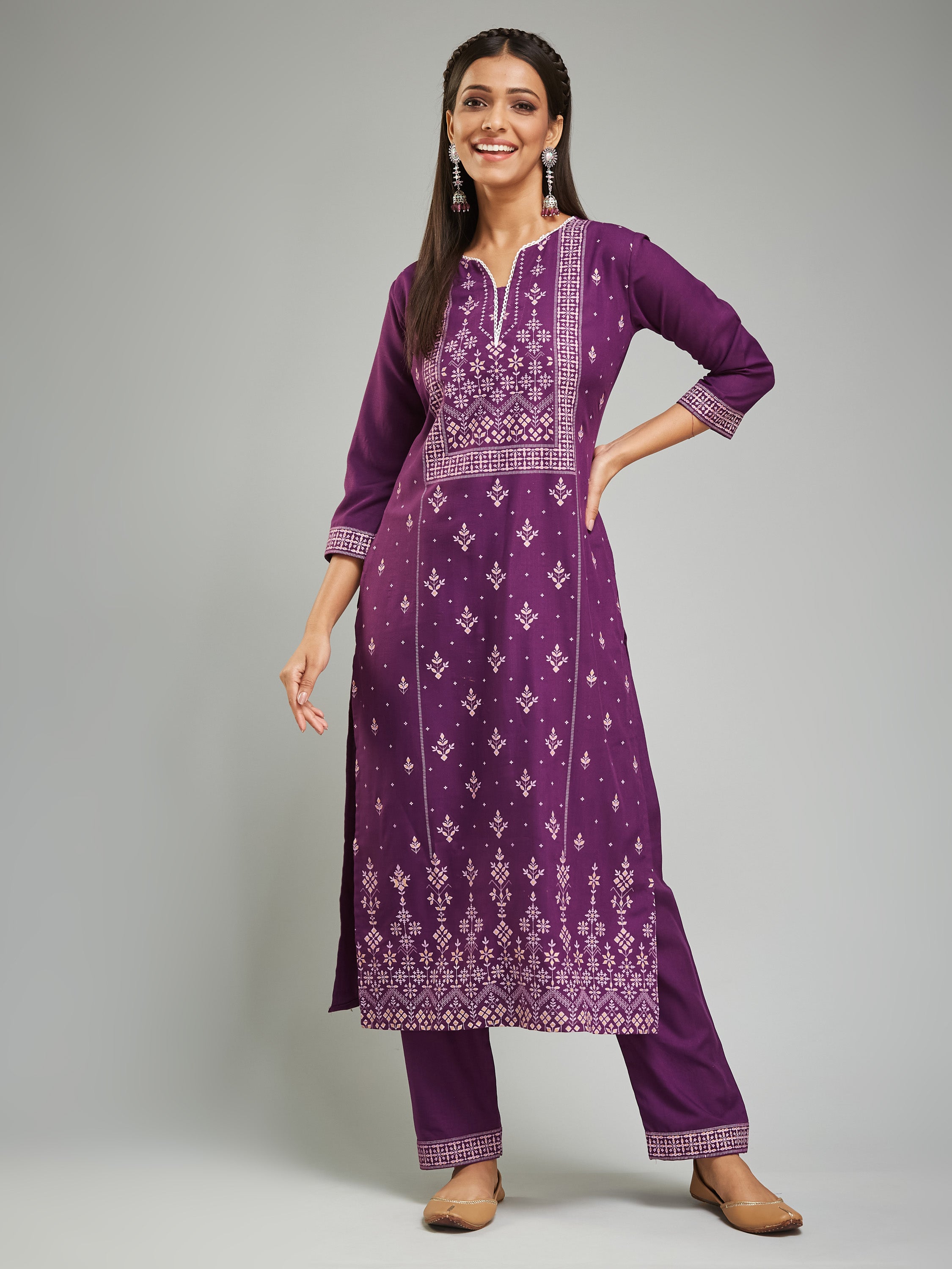 Fumka Women's Viscose Chanderi Kurta Pant Set with Luxe Prints and Contemporary Embellishments