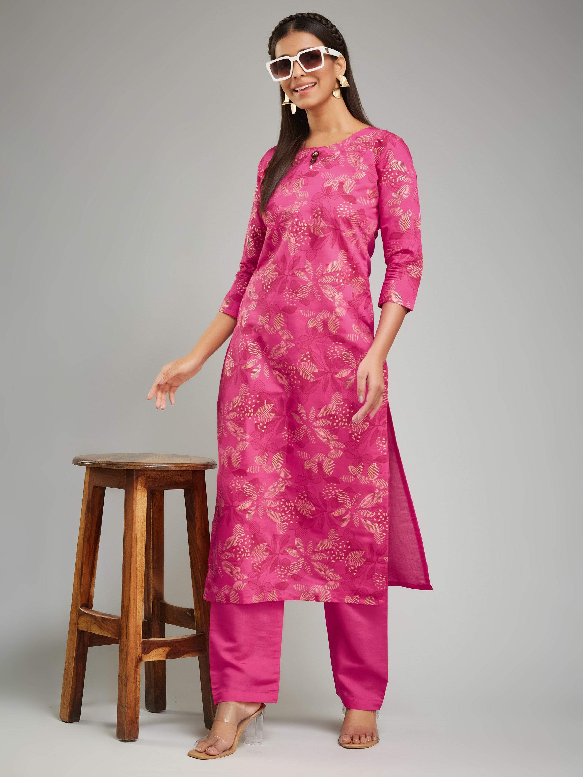 Fumka Women's Viscose Chanderi Kurta Pant Set with Luxe Prints and Contemporary Embellishments