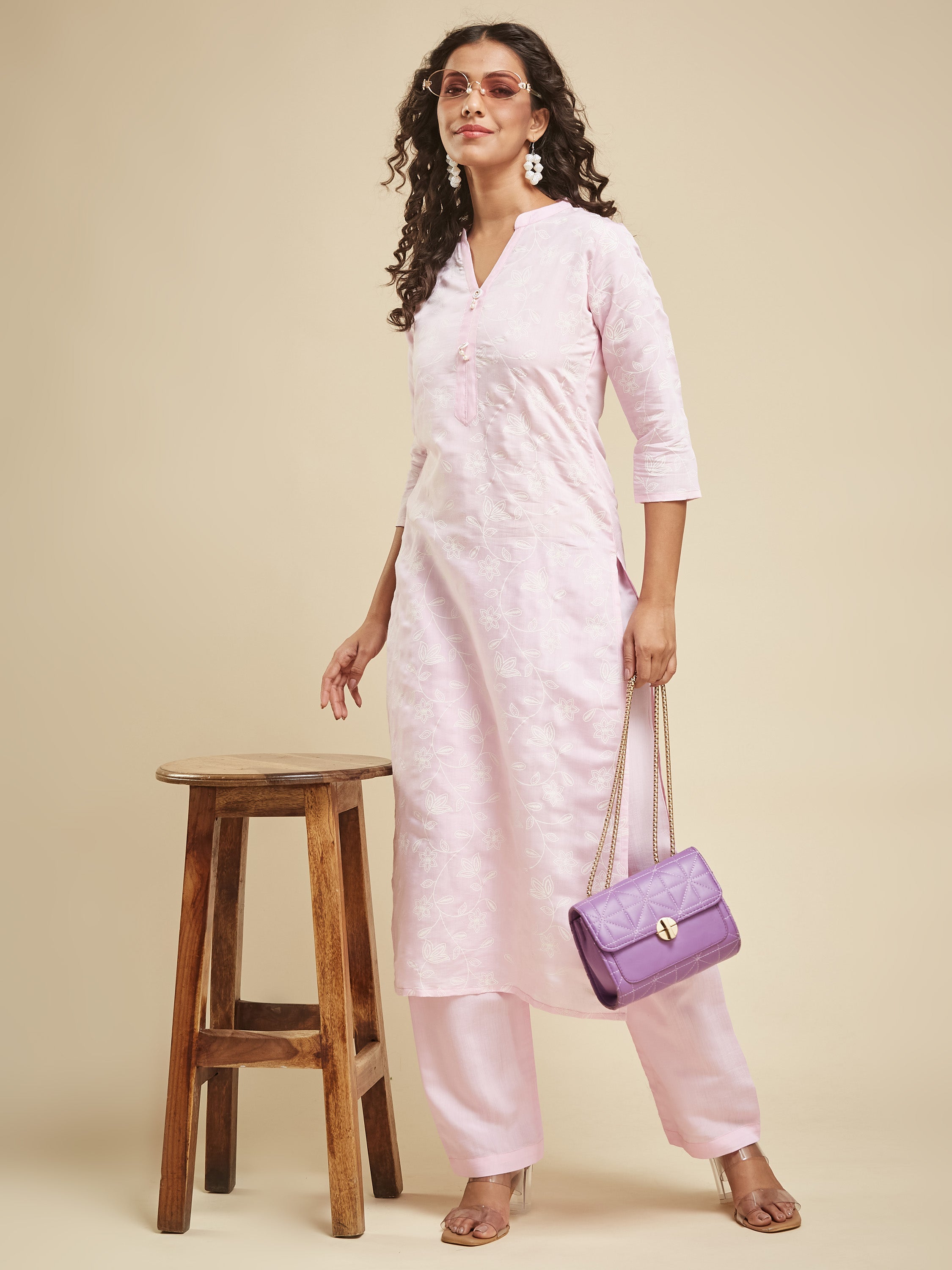 Fumka Women's Viscose Chanderi Kurta Pant Set with Luxe Prints and Contemporary Embellishments