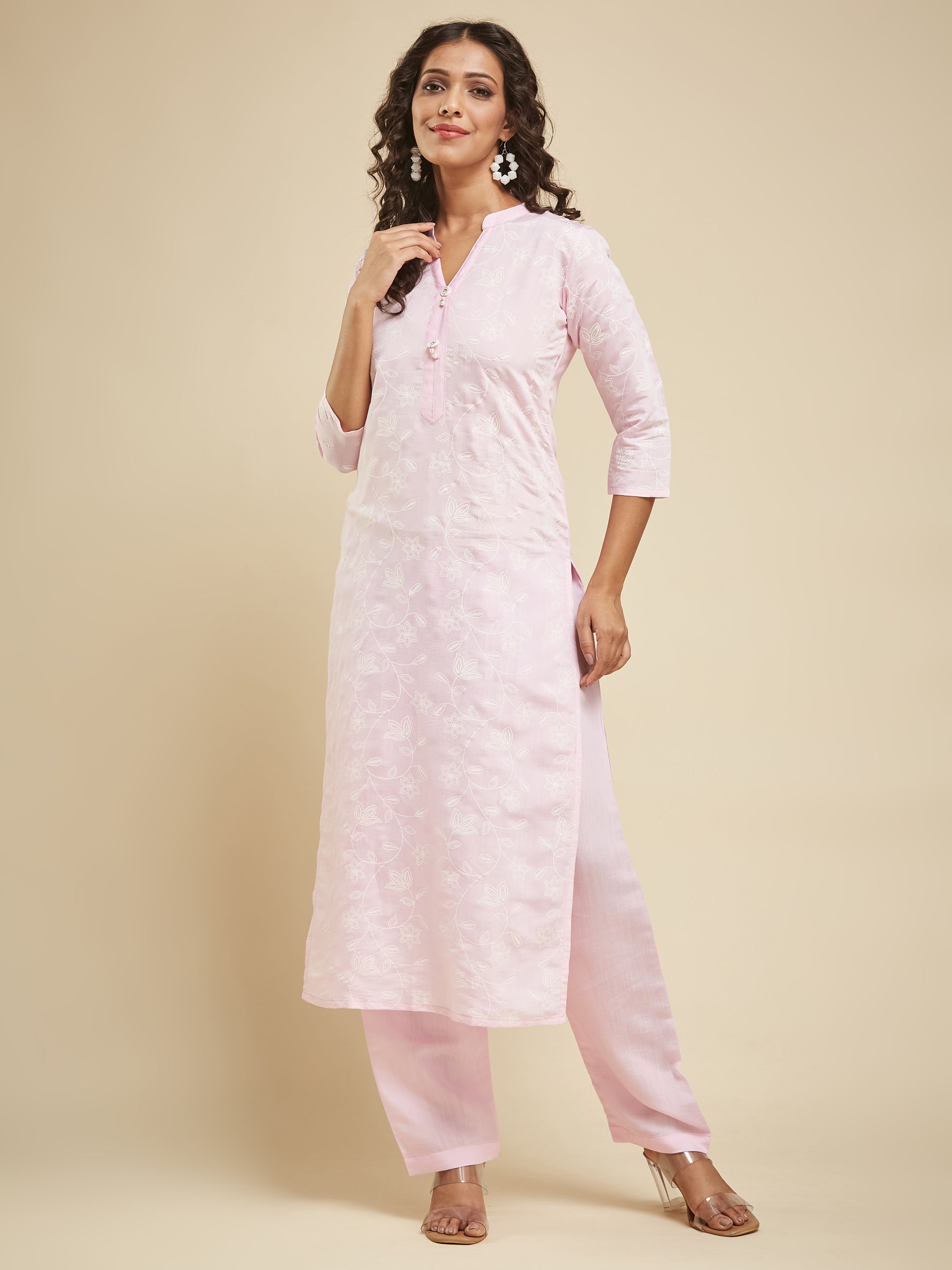 Fumka Women's Viscose Chanderi Kurta Pant Set with Luxe Prints and Contemporary Embellishments