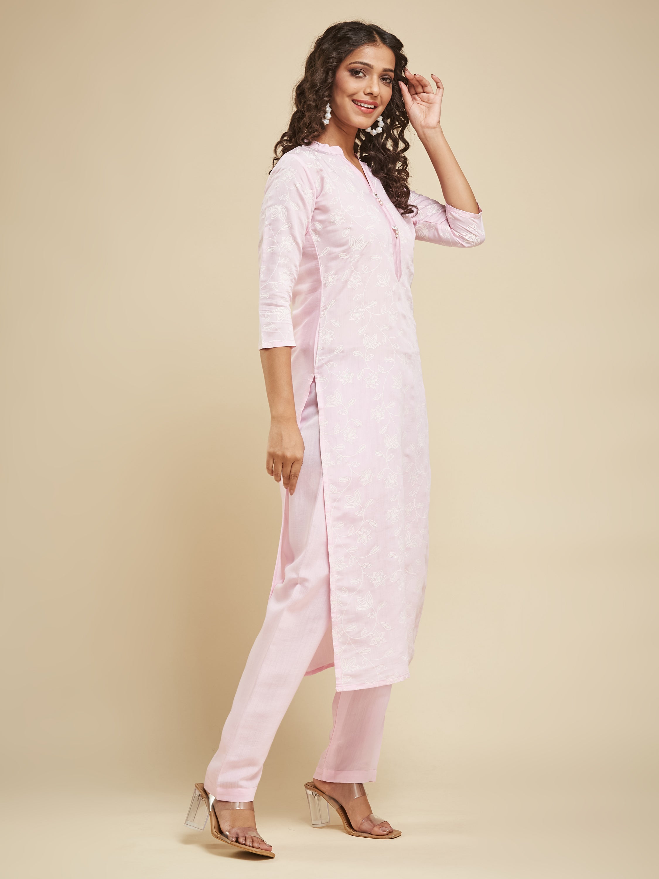 Fumka Women's Viscose Chanderi Kurta Pant Set with Luxe Prints and Contemporary Embellishments