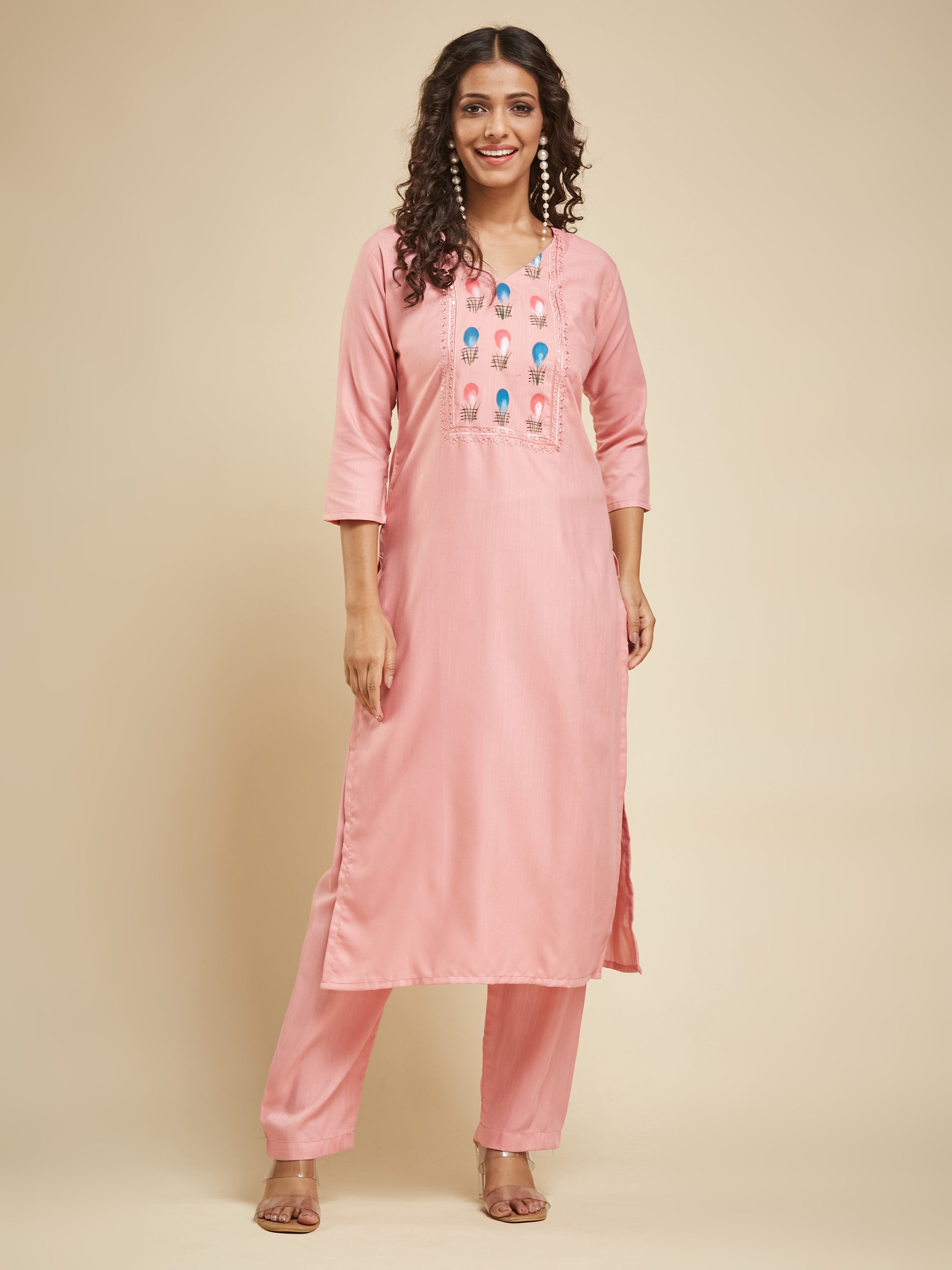 Fumka Women's Viscose Chanderi Kurta Pant Set with Luxe Prints and Contemporary Embellishments