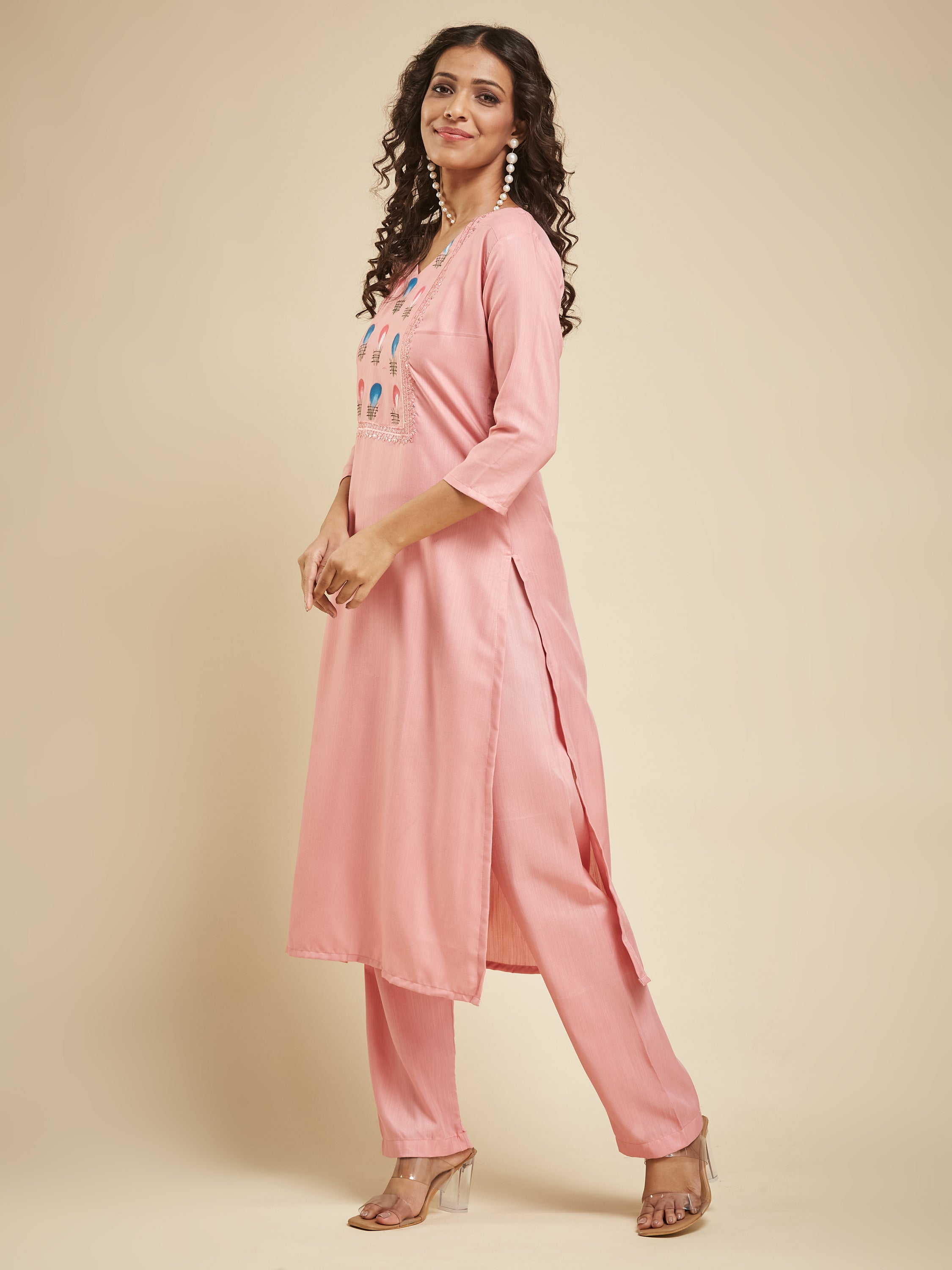 Fumka Women's Viscose Chanderi Kurta Pant Set with Luxe Prints and Contemporary Embellishments