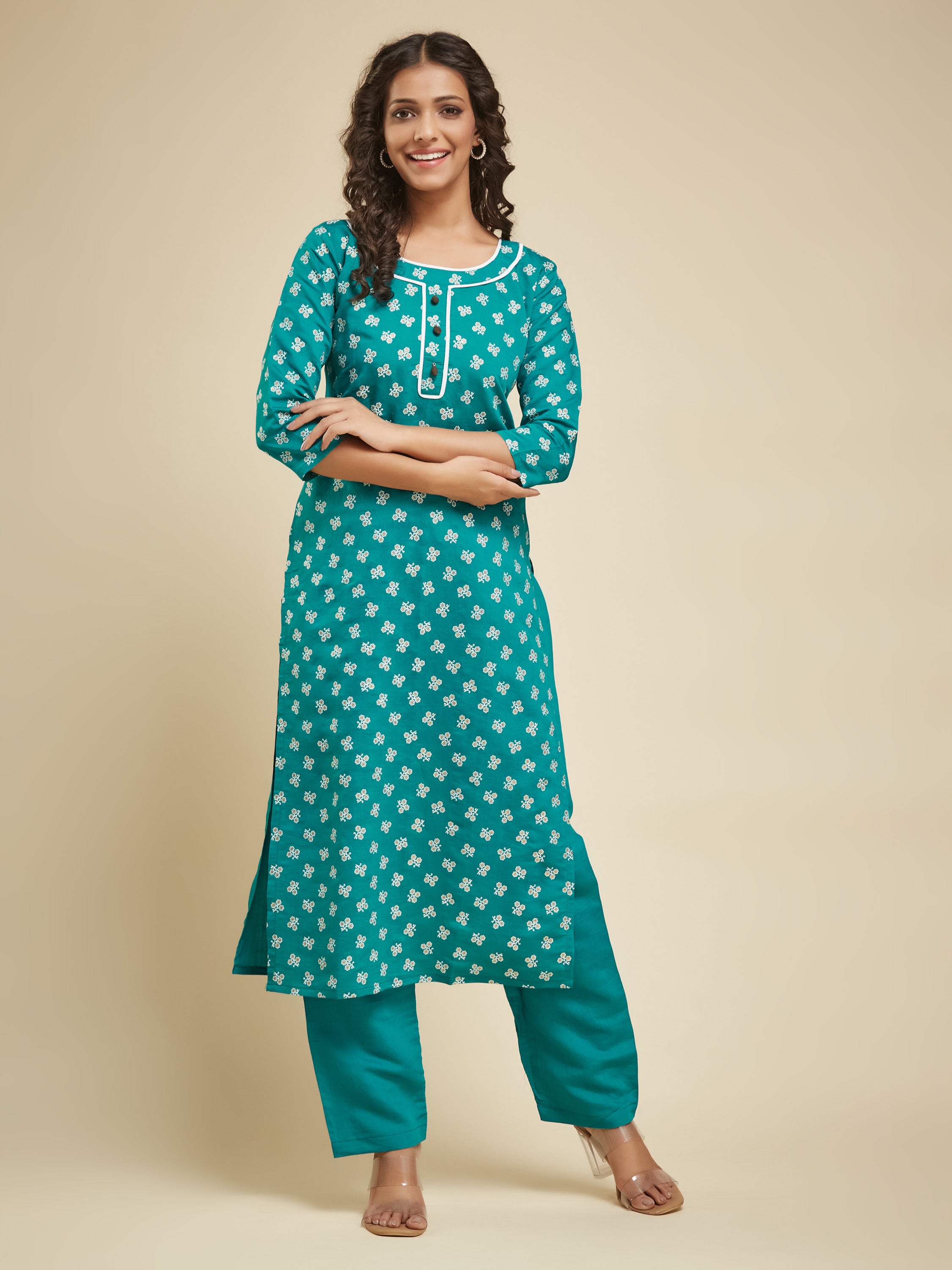 Fumka Women's Viscose Chanderi Kurta Pant Set with Luxe Prints and Contemporary Embellishments