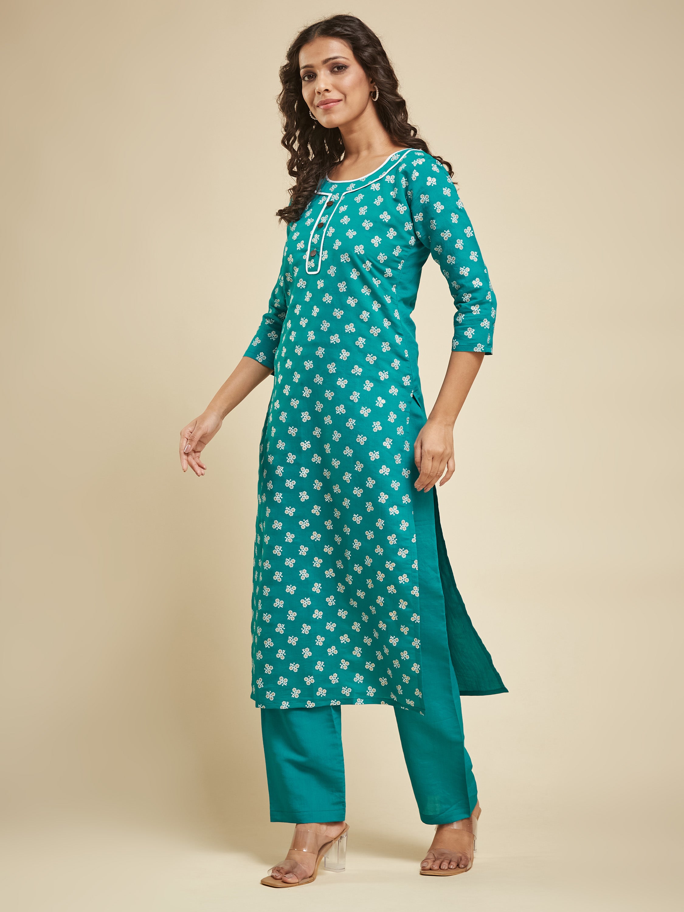 Fumka Women's Viscose Chanderi Kurta Pant Set with Luxe Prints and Contemporary Embellishments