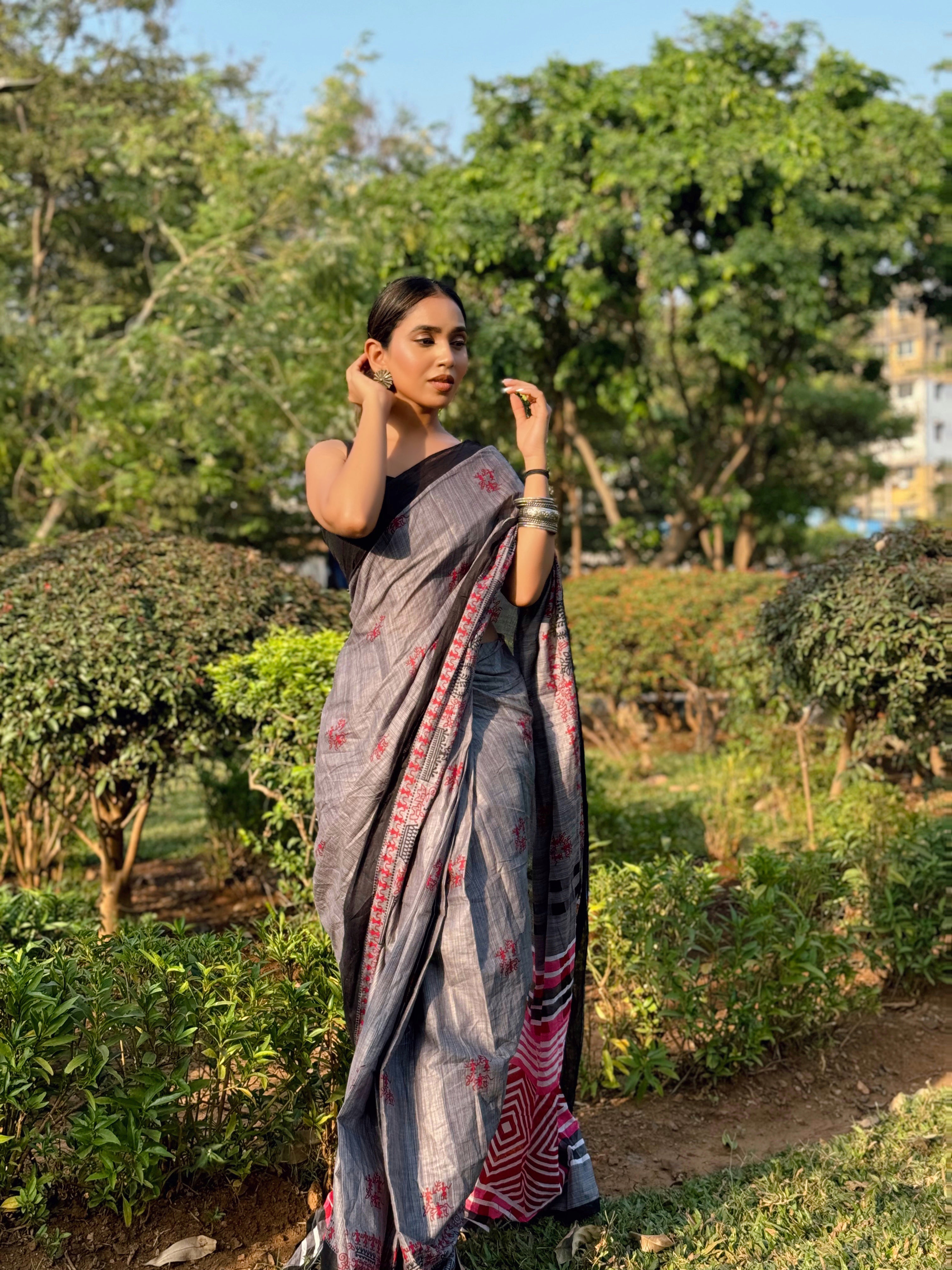 Charming Pure Cotton Block Printed Saree With Blouse Piece